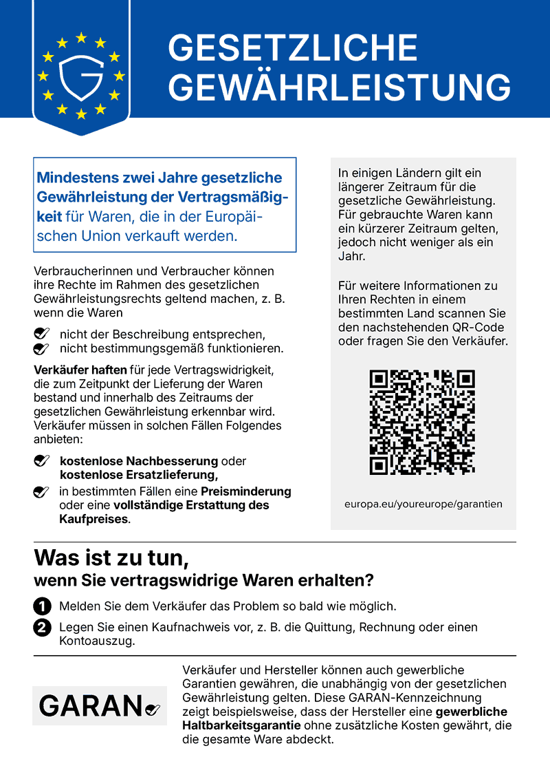 EU-Hinweis zur gesetzlichen Gewährleistung: mindestens zwei Jahre gesetzliche Gewährleistung für Waren, die in der Europäischen Union verkauft werden.