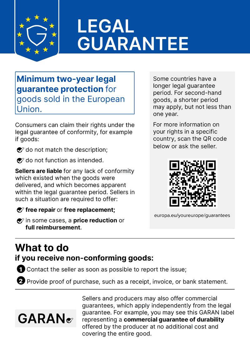 EU legal guarantee notice: minimum two-year legal guarantee protection for goods sold in the European Union.